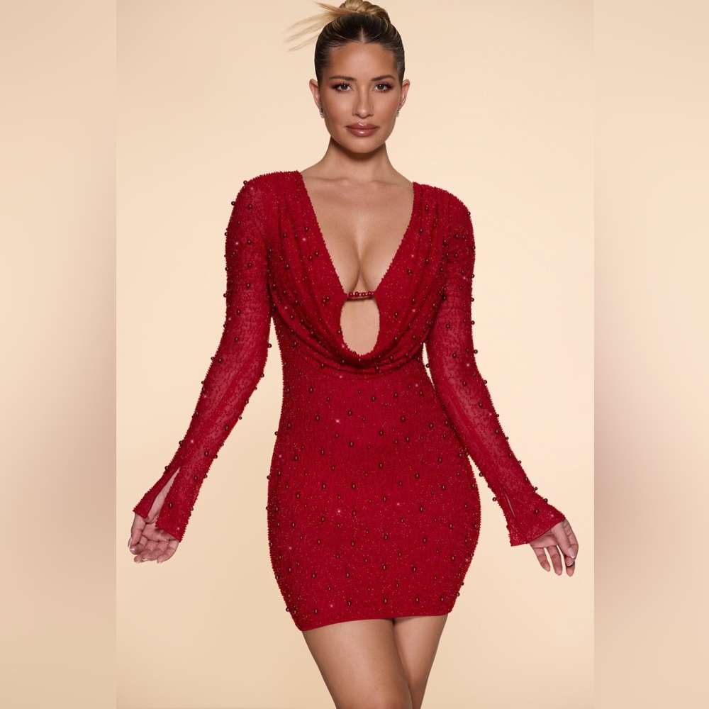 Ohpolly Long Sleeve Deep Plunge Mini Dress in Red
